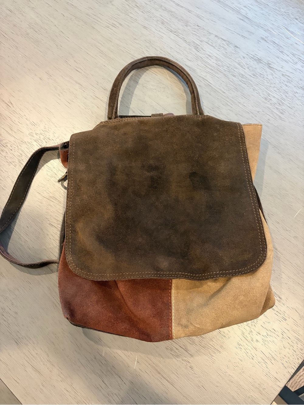 Suede Patchwork Backpack Purse - Brown Multi